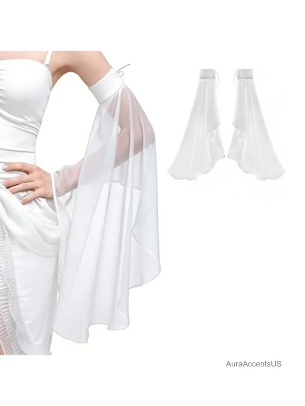Women's Victorian Long Tulle Bell Sleeves with Adjustable Tie Cuffs, Chiffon